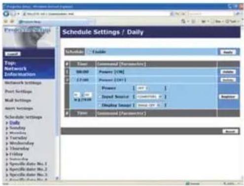 Schedule Settings / Daily Schedule > Schedule Time Command (Parameters) 00:00 Power (10K) (1:00) Power (10K) Power [usr] Input Source [output] Display Input [input] Time Command (Parameters) Start