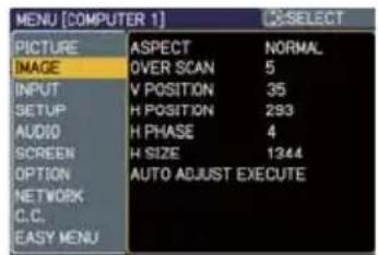 MENU [COMPUTER 1] PICTURE ASPECT NORMAL IMAGE OVER SCAN 5 INPUT V POSITION 35 SETUP H POSITION 293 AUDIO H PHASE 4 SCREEN H SIZE 1344 OPTION AUTO ADJUST EXECUTE NETWORK C.C. EASY MENU