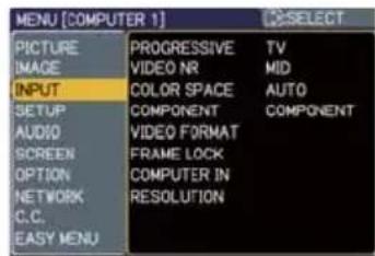 MENU [COMPUTER 1] PICTURE IMAGE INPUT SETUP AUDIO SCREEN OPTION NETWORK C.C. EASY MENU PROGRESSIVE TV VIDEO NR MID COLOR SPACE AUTO COMPONENT COMPONENT VIDEO FORMAT FRAME LOCK COMPUTER IN RESOLUTION