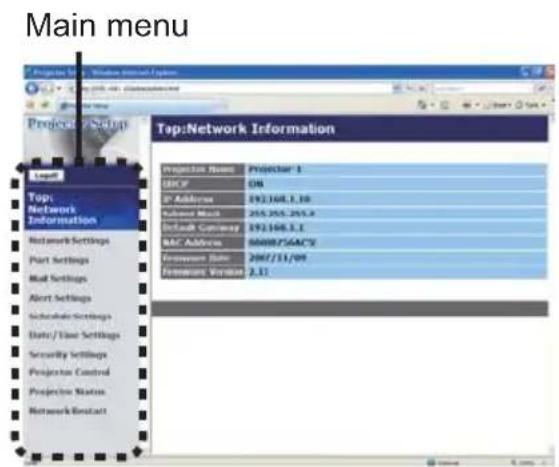 Main menu Projects Setup Project Setup Layout Top: Network Information Network Settings Part Settings Mail Settings Alert Settings Schedule Settings Date/Time Settings Security Settings Projector Control Projector Status Network Abstract Top:Network Information Projector Name Projector 1 IDCF OB IP Address 192.168.1.10 Subuser Match 255.255.255.2 Default Connection 192.168.1.1 MAC Address 0000075GACV Environment Date 2007/11/09 Environment Version 2.11