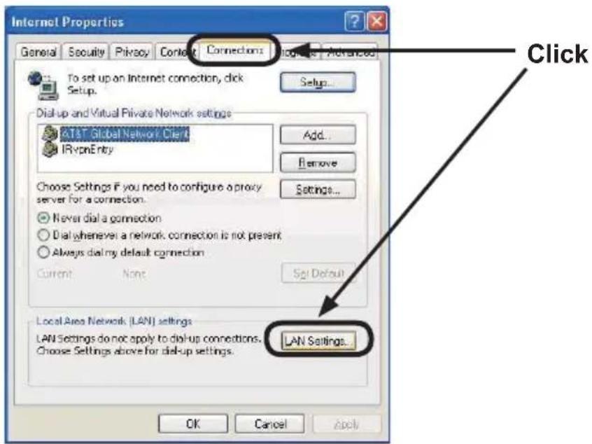 Internet Properties General Security Privacy Contact Connections Upgrade Advanced To set up an Internet connection, click Setup... Setup... Dial-up and Virtual Private Network settings AT&T Global Network Client IRvponEntry Add... Remove Choose Settings if you need to configure a proxy server for a connection. Never dial a connection Dial whenever a network connection is not present; Always dial my default connection Current None Set Default Local Area Network (LAN) settings LAN Settings do not apply to dial-up connections. Choose Settings above for dial-up settings. LAN Settings... OK Cancel Apply Click