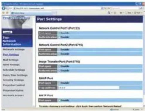 Project Site: Windows Server Project Project Settings Top: Network Information Network Settings Port Settings Mail Settings Alert Settings Schedule Settings Data/ Eas Settings Security Settings Projection Control Projection Status Network Settings Port Settings Network Control Port1 (Port:23) Port name: Enable Network control option: Enable Network Control Port2 (Port:9715) Port name: Enable Network type: Enable Image Transfer Port (Port:9716) Port name: Enable Network type: Enable S&P Port Port name: Enable Trip address: 0.000 S&P Port Port name: Enable To auto choose to sort server click Book then insert Network Window!