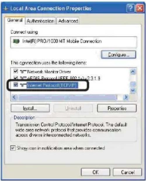 Local Area Connection Properties General Authentication Advanced Connect using Intel(R) PRO/1000 MT Mobile Connection Configure... This connection uses the following items: Network Monitor Driver 4E4EGIS Protocol IEEE 802.1v3.3.1.9 Internet Protocol [TCP/IP] Install... Uninstall Properties Description Transmission Control Protocol/Internet Protocol. The default wide area network protocol that provides communication across diverse interconnected networks. Show icon in notification area when connected OK Cancel