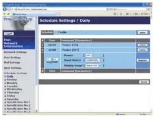 Schedule Settings / Daily Schedule Time Command (Parameters) Power [104] Power [107] Power Input Source Display Image Command (Parameters) Add Delete Default Next Current Power Current Display Output Next Current Power Current Display Output Next Current Power Current Display Output Next Current Power Current Display Output
