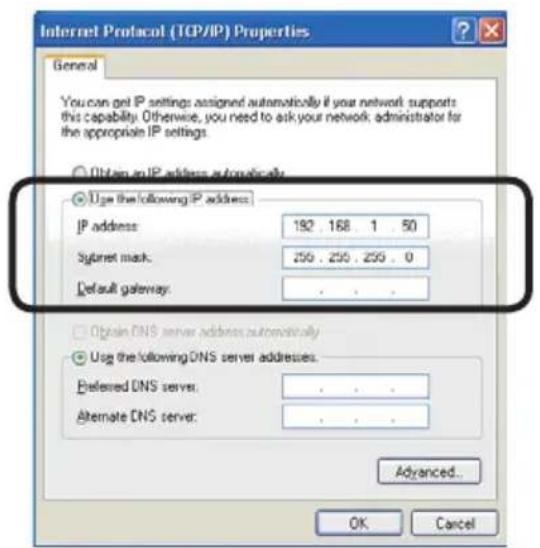 Internet Protocol (TCP/IP) Properties General You can get IP settings assigned automatically if your network supports this capability. Otherwise, you need to ask your network administrator for the appropriate IP settings. Obtain an IP address automatically Use the following IP address: IP address: 192 . 168 . 1 . 50 S/.net mask: 250 . 250 . 250 . 0 Default gateway: . Obtain DNS server address automatically Use the following DNS server addresses: Preferred DNS server: . Alternate DNS server: . Advanced... OK Cancel