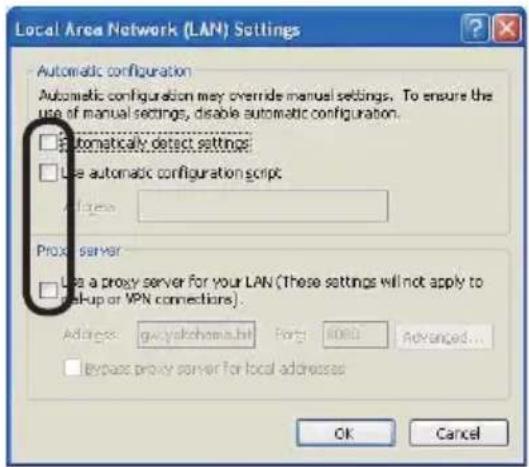 Local Area Network (LAN) Settings Automatic configuration Automatic configuration may override manual settings. To ensure the use of manual settings, disable automatic configuration. Automatically detect settings Use automatic configuration script Proxy server Use a proxy server for your LAN (These settings will not apply to get-up or VPN connections). Addresses: gacyskohama.hlt For: 8000 Advanced... Bypass proxy server for local addresses OK Cancel