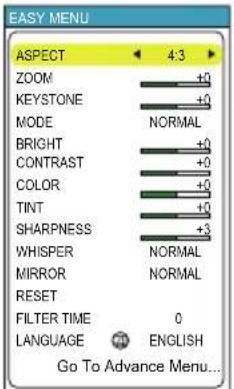 EASY MENU ASPECT 4.3 ZOOM +0 KEystone +0 MODE NORMAL BRIGHT +0 CONTRAST +0 COLOR +0 TINT +0 SHARPNESS +3 WHISPER NORMAL MIRROR NORMAL RESET FILTER TIME 0 LANGUAGE ENGLISH Go To Advance Menu...
