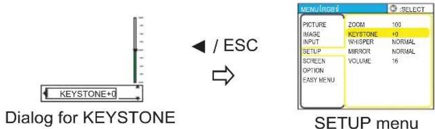 Dialog for KEYSTONE KEystone+0 / ESC SETUP menu
