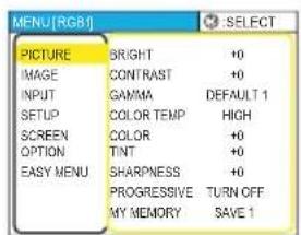 MENU[RGB] PICTURE BRIGHT +0 IMAGE CONTRAST +0 INPUT GAMMA DEFAULT 1 SETUP COLOR TEMP HIGH SCREEN COLOR +0 OPTION TINT +0 EASY MENU SHARPNESS +0 PROGRESSIVE TURN OFF MY MEMORY SAVE 1