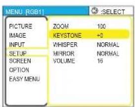MENU [RGB1] PICTURE ZOOM 100 IMAGE KEYSTONE +2 INPUT WHISPER NORMAL SETUP MIRROR NORMAL SCREEN VOLUME 16 OPTION EASY MENU
