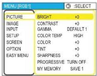 MENU [RGB1] PICTURE BRIGHT +0 IMAGE CONTRAST +0 INPUT GAMMA DEFAULT 1 SETUP COLOR TEMP HIGH SCREEN COLOR +0 OPTION TINT +0 EASY MENU SHARPNESS +0 PROGRESSIVE TURN OFF MY MEMORY SAVE 1