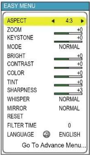 EASY MENU ASPECT 4:3 ZOOM +0 KEystone +0 MODE NORMAL BRIGHT +0 CONTRAST +0 COLOR +0 TINT +0 SHARPNESS +3 WHISPER NORMAL MIRROR NORMAL RESET FILTER TIME 0 LANGUAGE ENGLISH Go To Advance Menu...
