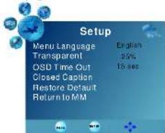 Setup Menu Language Transparent OSD Time Out Closed Caption Restore Default Return to MM English 25% 15 sec