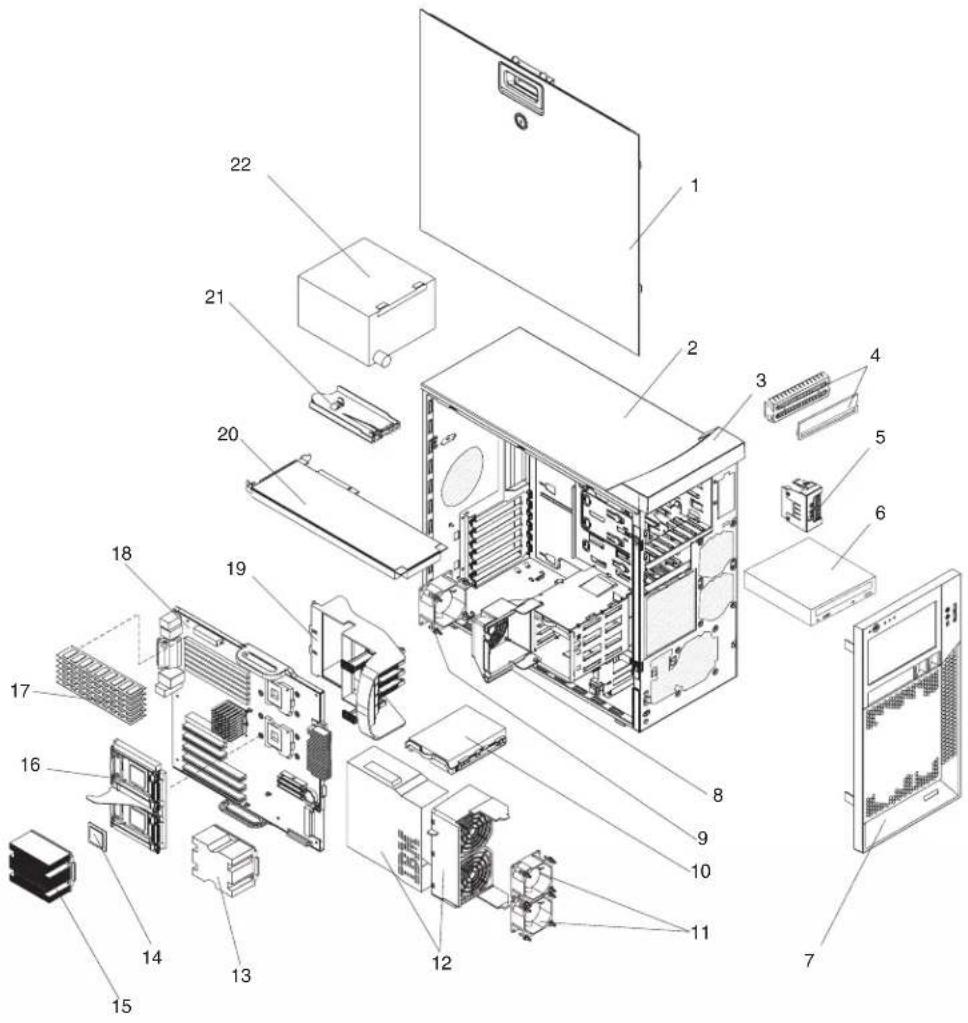 Exploded view diagram of a computer system with numbered components for identification