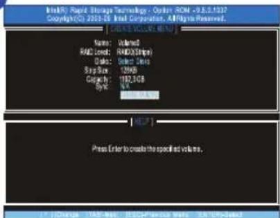 Intel® Rapid Storage Technology - Open ROM -0.5.1327 Copyright© 2021-05 Intel Corporation, All rights reserved. [ CENSIT VOLUME ] [ MOUNT ] Name: Volume RMD Load: RMS(Drip) Date: Select Date Stop Rate: 120KB Capacity: 198,30B Type: N/A [ HKEY ] [ HELP ] Press Enter to create the specified volume.