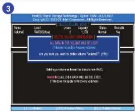 Intel®/Rsc+ Storage Technology - Option: ROM = 8.0,5,007 Copyright© 2003-29 Intel Corporation, All rights reserved. Name Volume Level RADC (Symbol) Status 2 Capacity 1,1TB Share Normal Available Yes BEETE VOLUME YEAR EXERCISE ALL DATA IN THE VOLUME WILL BE USED (Do you need to apply in recovery volume) Are you sure you want to cable volume "Volume3". (PK): Disking a volume will cover the disk to save RADC. WEATIN SHALL DER DATA WILL BE DELIEDED. [No does not apply in Recovery volume]