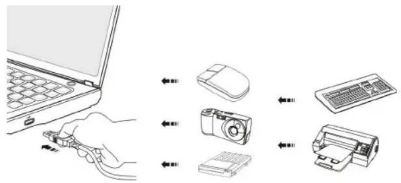 Diagram illustrating the process of inserting a laptop into various devices, including mouse, camera, and printer.