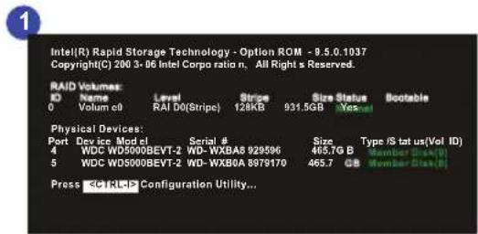 Intel(R) Rapid Storage Technology - Option ROM - 9.5.0.1037 Copyright(C) 200 3-06 Intel Corpo ratio n, All Right reserved. RAID Volumes: ID Name Level Stripe Size Status Bootable 0 Volume c0 RAI D0(Stripe) 128KB 931.5GB Yesed Physical Devices: Port Dev ice Mod el Serial # Size Type /S tat us(Vol ID) 4 WDC WD5000BEVT-2 WD-WXBA8 929596 465.7G B Member Dis(0) 5 WDC WD5000BEVT-2 WD-WXBOA 8979170 465.7 GB Member Dis(0) Press Configuration Utility...