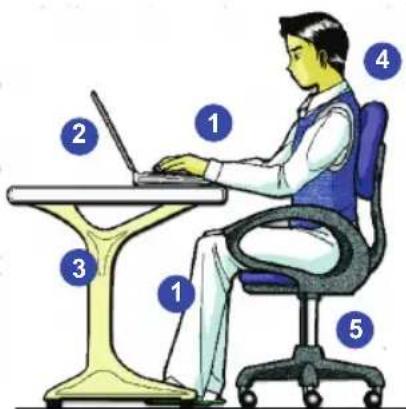 Illustration of a person using a laptop at a desk with numbered labels pointing to different positions.