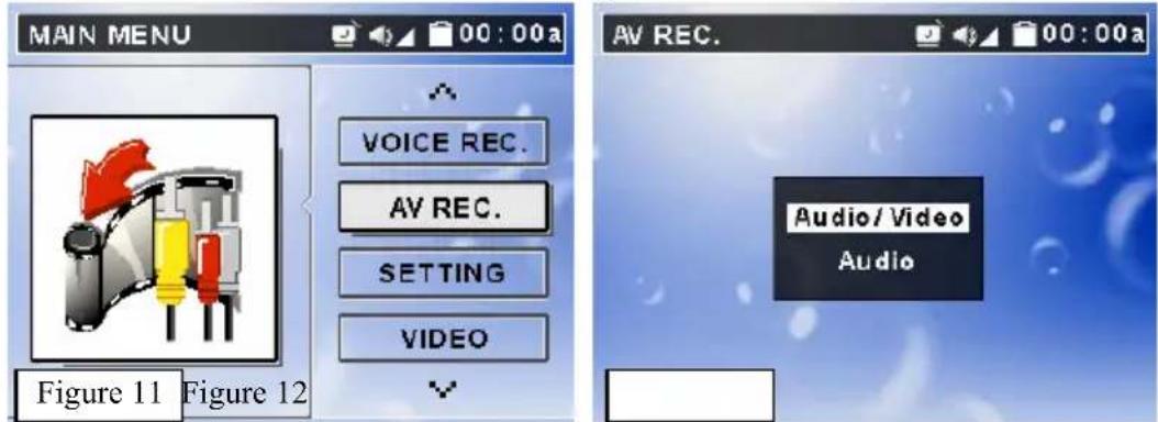 MAIN MENU 00:00a VOICE REC. AV REC. SETTING VIDEO Figure 11 Figure 12 AV REC. Audio/Video Audio