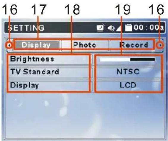 16 17 18 19 16 SETTING Display Photo Record Brightness TV Standard NTSC Display LCD