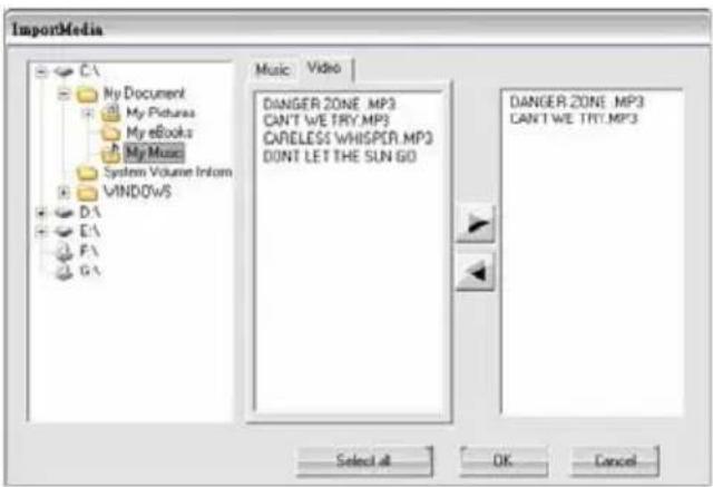 ImportMedia C:\My Document My Pictures My eBooks My Music System Volume Inform WINDOWS D:\ E:\ F:\ G:\ Music: Video DANGER ZONE .MP3 CAN'T WE TRY.MP3 CARELESS WHISPER .MP3 DON'T LET THE SUN GO DANGER ZONE .MP3 CAN'T WE TRY.MP3 Select All OK Cancel