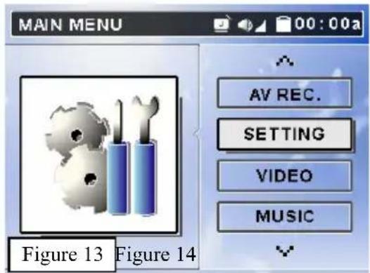 MAIN MENU 00:00a AV REC. SETTING VIDEO MUSIC Figure 13 Figure 14