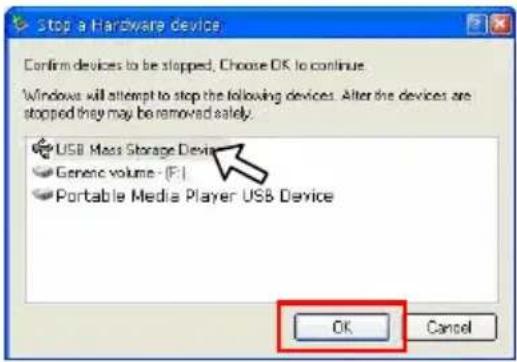Stop a Hardware device Confirm devices to be stopped, Choose OK to continue Windows will attempt to stop the following devices. After the devices are stopped they may be removed safely. USB Mass Storage Device Generic volume - [F:] Portable Media Player USB Device OK Cancel