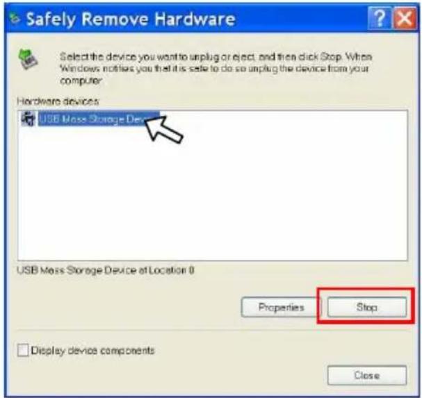Safely Remove Hardware Select the device you want to unplug or reject and then click Stop. When Windows notifies you that it is safe to do so unplug the device from your computer. Hardware devices USB Mass Storage Dev Properties Stop Display device components Close
