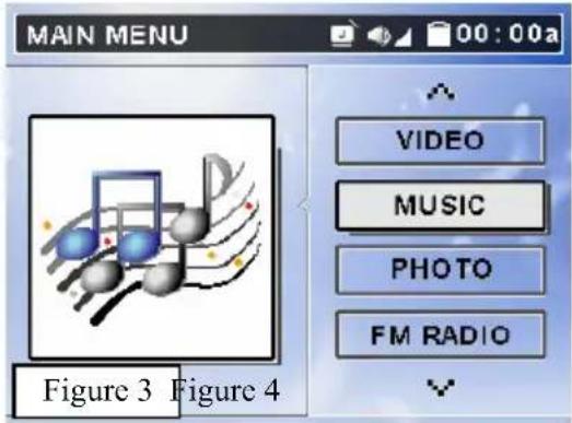 MAIN MENU 00:00a VIDEO MUSIC PHOTO FM RADIO Figure 3 Figure 4