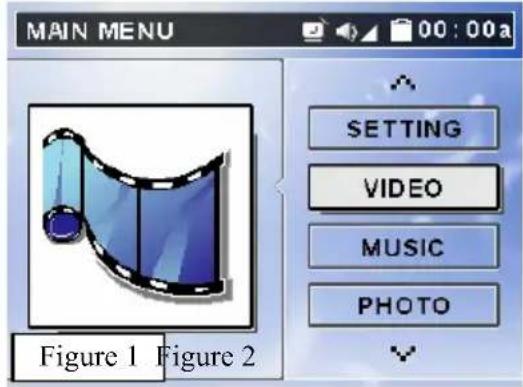 MAIN MENU 00:00a SETTING VIDEO MUSIC PHOTO Figure 1 Figure 2