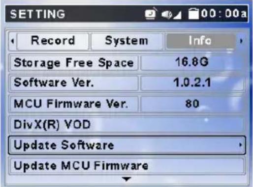 SETTING Record System Info Storage Free Space 16.8G Software Ver. 1.0.2.1 MCU Firmware Ver. 80 DivX(R) VOD Update Software Update MCU Firmware