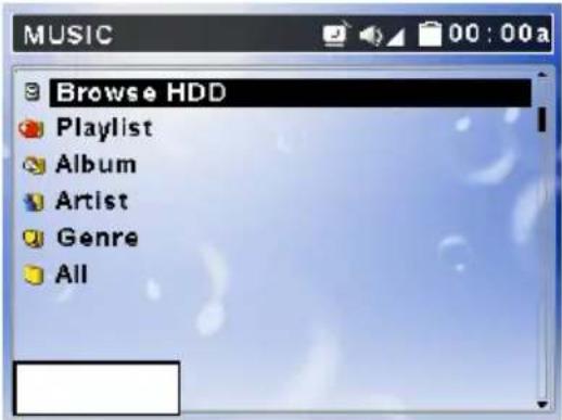 MUSIC Browse HDD Playlist Album Artist Genre All