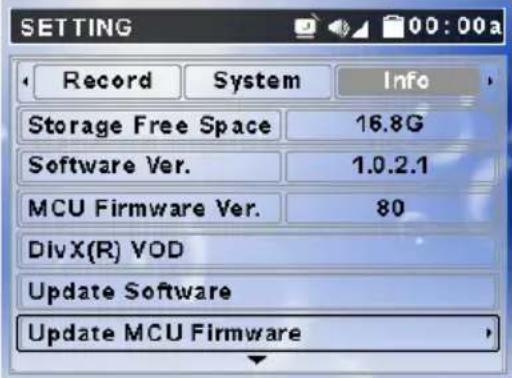 SETTING Record System Info Storage Free Space 16.8G Software Ver. 1.0.2.1 MCU Firmware Ver. 80 DivX(R) VOD Update Software Update MCU Firmware