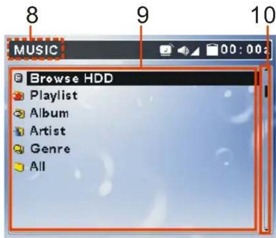 8 9 10 MUSIC Browse HDD Playlist Album Artist Genre All