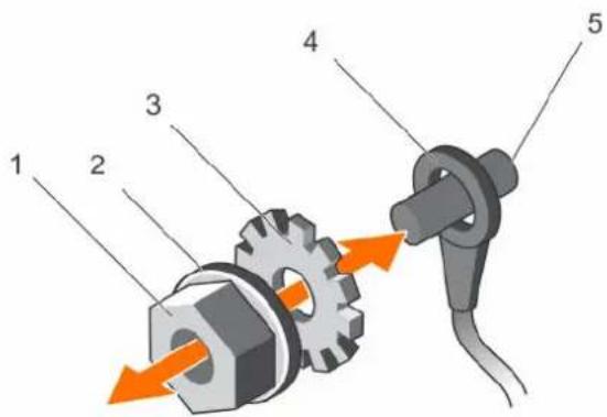 Diagram of a mechanical gear assembly with numbered components and directional arrows indicating motion or force