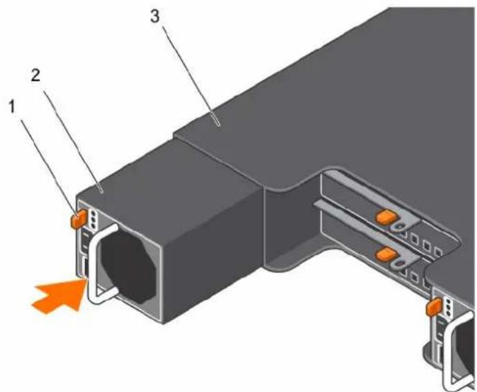 Diagram of a server rack with labeled components and an orange arrow indicating motion direction