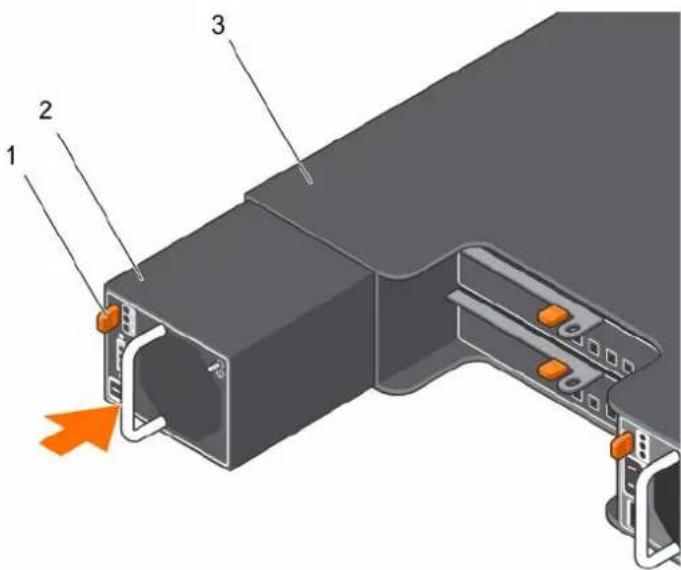 Technical diagram of a mechanical assembly with numbered components and an orange arrow indicating direction