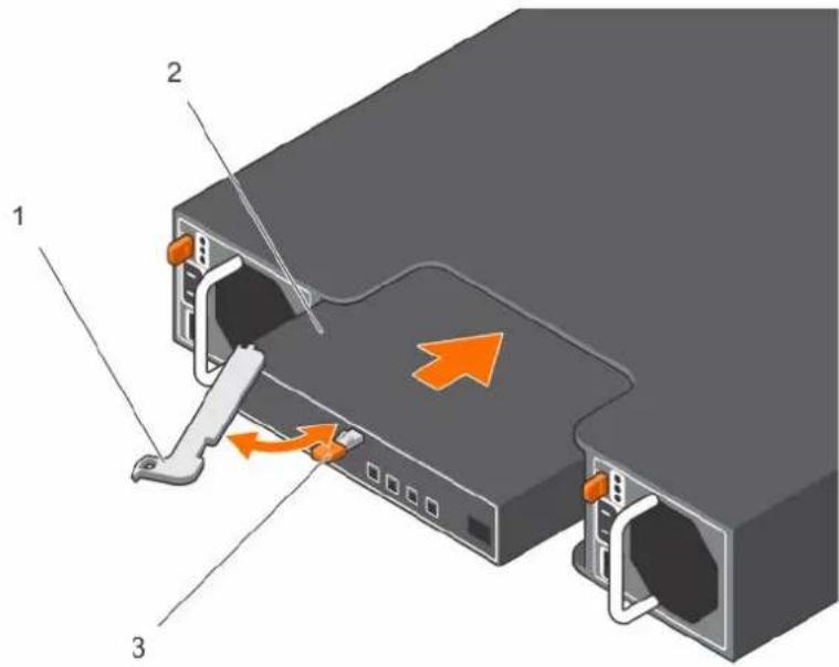 Diagram of a server rack with labeled components and directional arrows indicating movement or operation