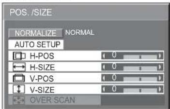 POS./SIZE NORMALIZE NORMAL AUTO SETUP H-POS 0 H-SIZE 0 V-POS 0 V-SIZE 0 OVER-SCAN