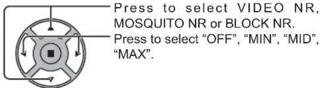 Press to select VIDEO NR, MOSQUITO NR or BLOCK NR. Press to select "OFF", "MIN", "MID", "MAX".