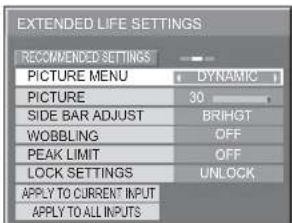 EXTENDED LIFE SETTINGS RECOMMENDED SETTINGS PICTURE MENU DYNAMIC PICTURE 30 SIDE BAR ADJUST BRIHGT WOBBLING OFF PEAK LIMIT OFF LOCK SETTINGS UNLOCK APPLY TO CURRENT INPUT APPLY TO ALL INPUTS