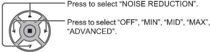 Press to select "NOISE REDUCTION". Press to select "OFF", "MIN", "MID", "MAX", "ADVANCED".