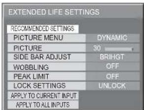 EXTENDED LIFE SETTINGS RECOMMENDED SETTINGS PICTURE MENU DYNAMIC PICTURE 90 SIDE BAR ADJUST BRIHGT WOBBLING OFF PEAK LIMIT OFF LOCK SETTINGS UNLOCK APPLY TO CURRENT INPUT APPLY TO ALL INPUTS