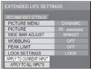 EXTENDED LIFE SETTINGS RECOMMENDED SETTINGS PICTURE MENU DYNAMIC PICTURE 30 SIDE BAR ADJUST BRIHGT WOBBLING OFF PEAK LIMIT OFF LOCK SETTINGS LuCK APPLY TO CURRENT INPUT APPLY TO ALL INPUTS