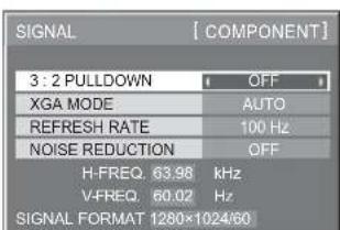 SIGNAL [COMPONENT] 3 : 2 PULLDOWN OFF XGA MODE AUTO REFRESH RATE 100 Hz NOISE REDUCTION OFF H-FREQ. 63.98 kHz V-FREQ. 60.02 Hz SIGNAL FORMAT 1280×1024/60