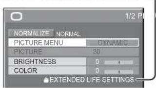 NORMALIZE NORMAL PICTURE MENU DYNAMIC PICTURE 30 BRIGHTNESS 0 COLOR 0 EXTENDED LIFE SETTINGS