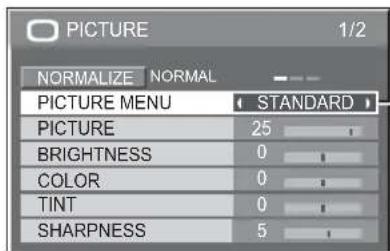 PICTURE 1/2 NORMALIZE NORMAL PICTURE MENU STANDARD PICTURE 25 BRIGHTNESS 0 COLOR 0 TINT 0 SHARPNESS 5