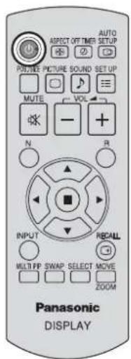 ASPECT OFF TIMER SETUP PRIVATE PICTURE SOUND SET UP MUTE VOL N R INPUT RECALL MULTI PP SWAP SELECT MOVE ZOOM Panasonic DISPLAY