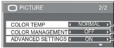 PICTURE 2/2 COLOR TEMP NORMAL COLOR MANAGEMENT OFF ADVANCED SETTINGS ON